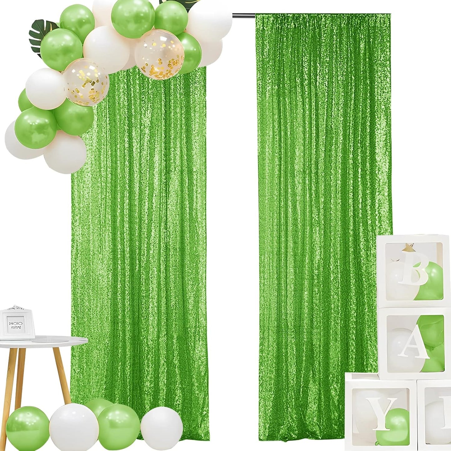 Hahuho Light Green Sequin Backdrop Curtain, 2PCS 2FTx8FT Glitter Backdrop Curtain for Parties, Christmas, Wedding, Banquet Decoration（2 Panels, 2FT x 8FT, Light Green）