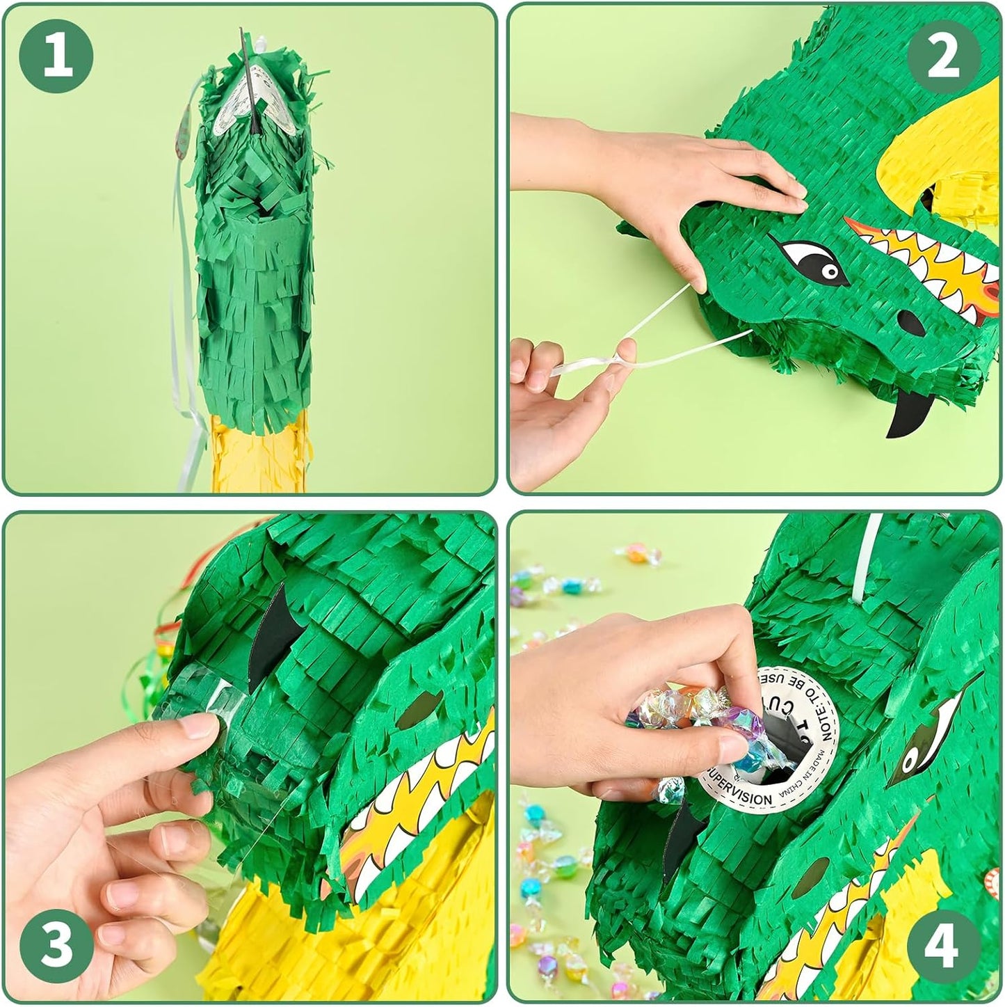 WERNNSAI Foldable Dragon Piñata - Dinosaur Birthday Party Supplies Dino Extendable Piñata Bundle with Blindfold Stick and Tassels for Boys Kids Dragon Theme Bday Party Game Decorations 16.2” x 12.5”