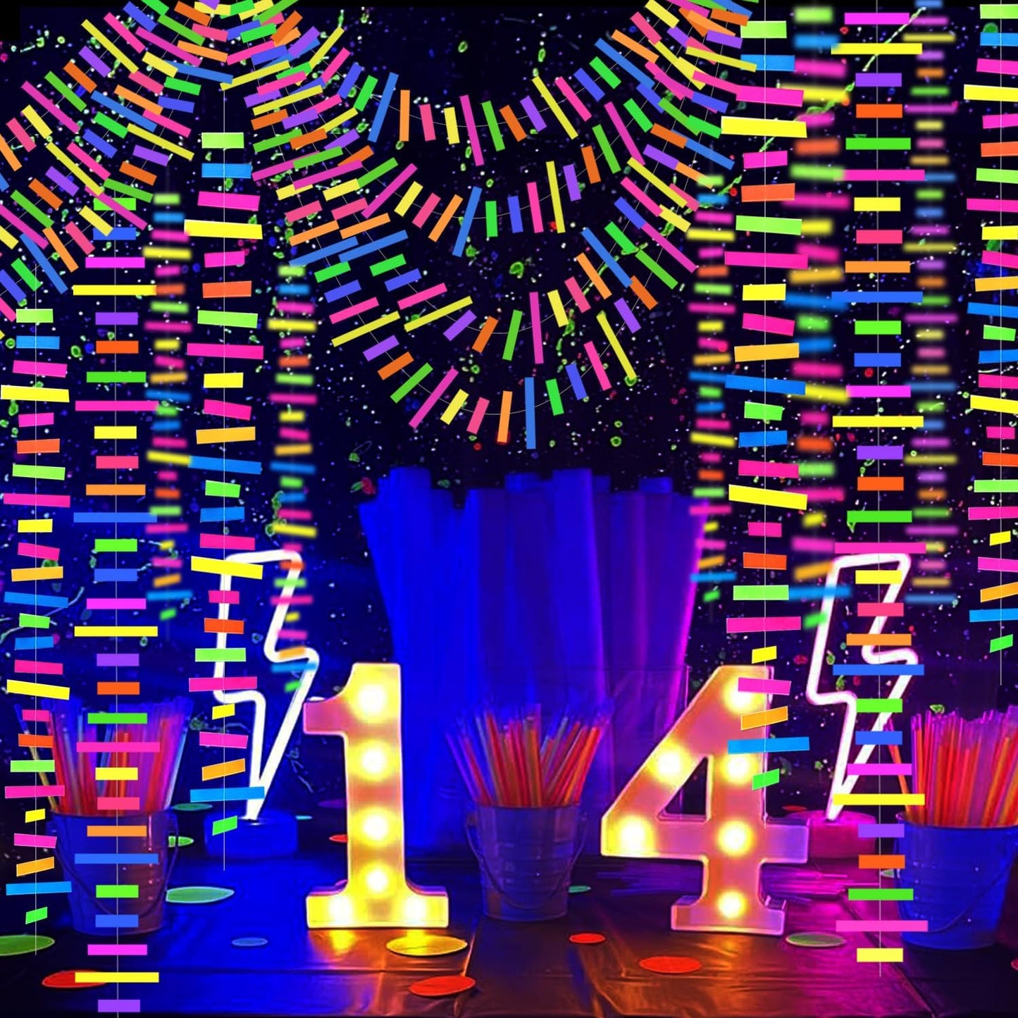 60feet UV Neon Paper Garland Stripe Neon Streamers Black Light Neon DecorationsGlow Party UV Reactive Neon Party Favors Glow in The Dark Party Supplies and Decorations for Wedding Birthday Banners