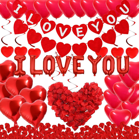 Rainmae Valentine Day Party Supplies I Love You & Love-Bear Balloons Kit with 1000 Pcs Dark-Red Silk Rose Petals & Romantic Flower Decoration Red Heart Balloons Swirls for Wedding Decorations