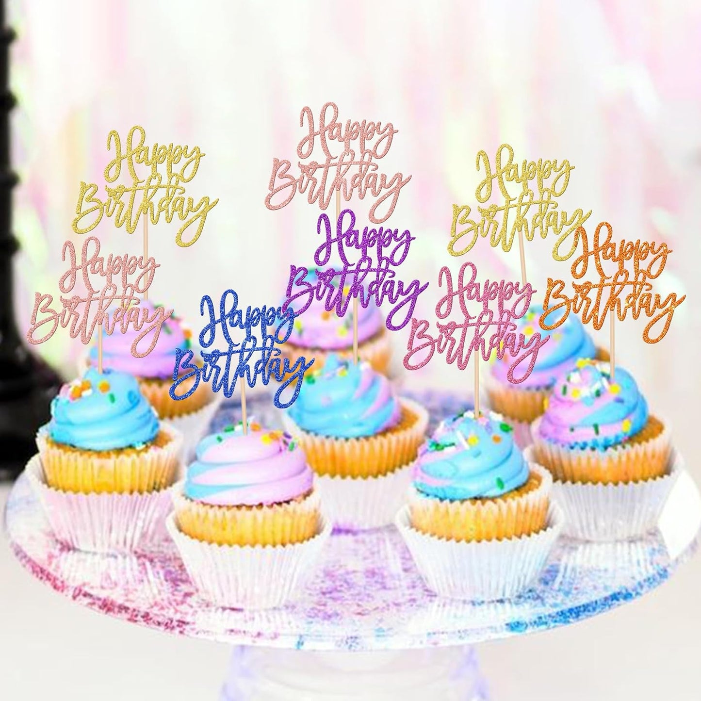 24 PCS Happy Birthday Cupcake Toppers - Multi 6 Colors Glitter Picks for Celebrating Anniversary Theme Party Cake Decorations Supplies