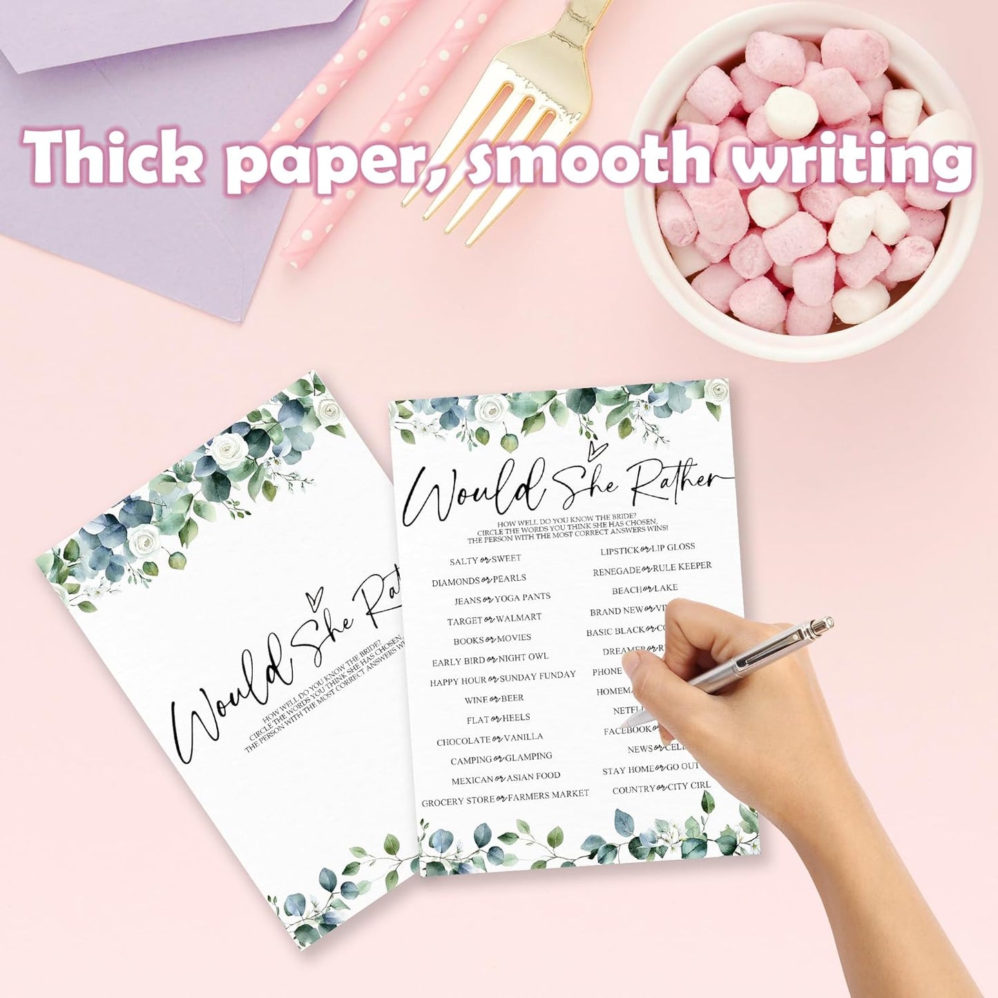 He Said She Said - Botanical Bridal Shower Game Cards - 50 Pcs Eucalyptus Leaves Game Cards - Funny Wedding Party Games for Bride & Groom - Activities for Bachelorette Party - A03