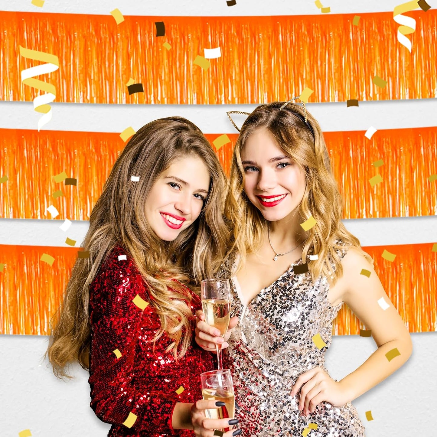 4 Pack 10 Feet Macaron Orange Foil Fringe Garland Metallic Tinsel Streamers Banner Wall Hanging Curtain Backdrop for Parade Floats, Wedding, Graduate, Mother's Day, Birthday Party Decoration