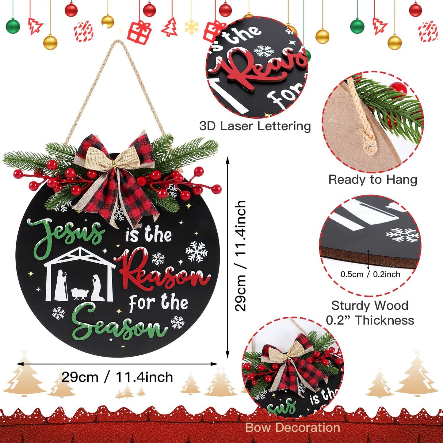 CHDITB Jesus is The Reason for The Season Front Door Sign Wreath(11.4"), Red Green Christmas Decoration Wall Hanging with Snowflakes Bow Berries, Wooden 3D Farmhouse Xmas Decor for Porch Indoor