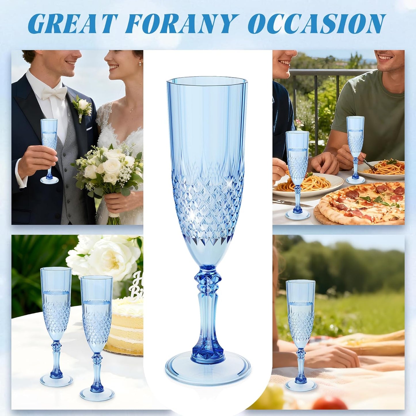 Plastic Champagne Flutes, 100PCS Blue Champagne Glasses Shatterproof Reusable Flute for Weddings Bachelor Parties Toasting and Events(100, Blue)