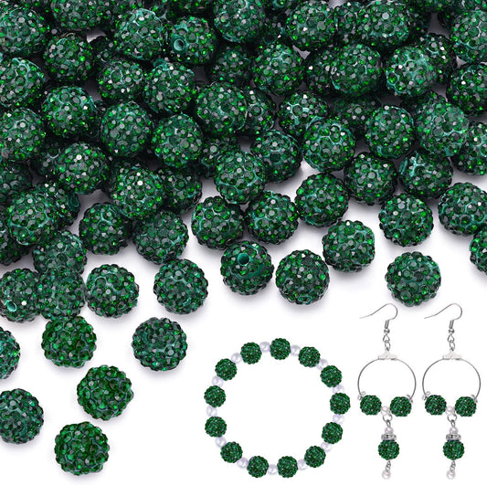 150 pcs 10mm Rhinestone Beads for Jewelry Making, Dark Green Shiny Round Shamballa Disco Beads Bulk, Sparkle Crystal Clay Christmas for Bracelet Baseball Necklace Earring Crafting and DIY