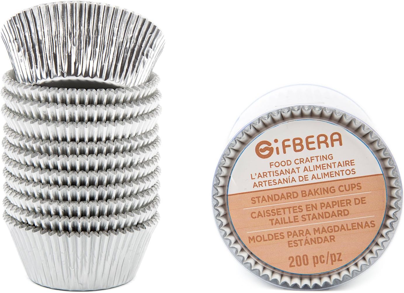 Gifbera Standard Silver Foil Cupcake Liners Metallic Paper Muffin Baking Cups 200-Count (Silver)