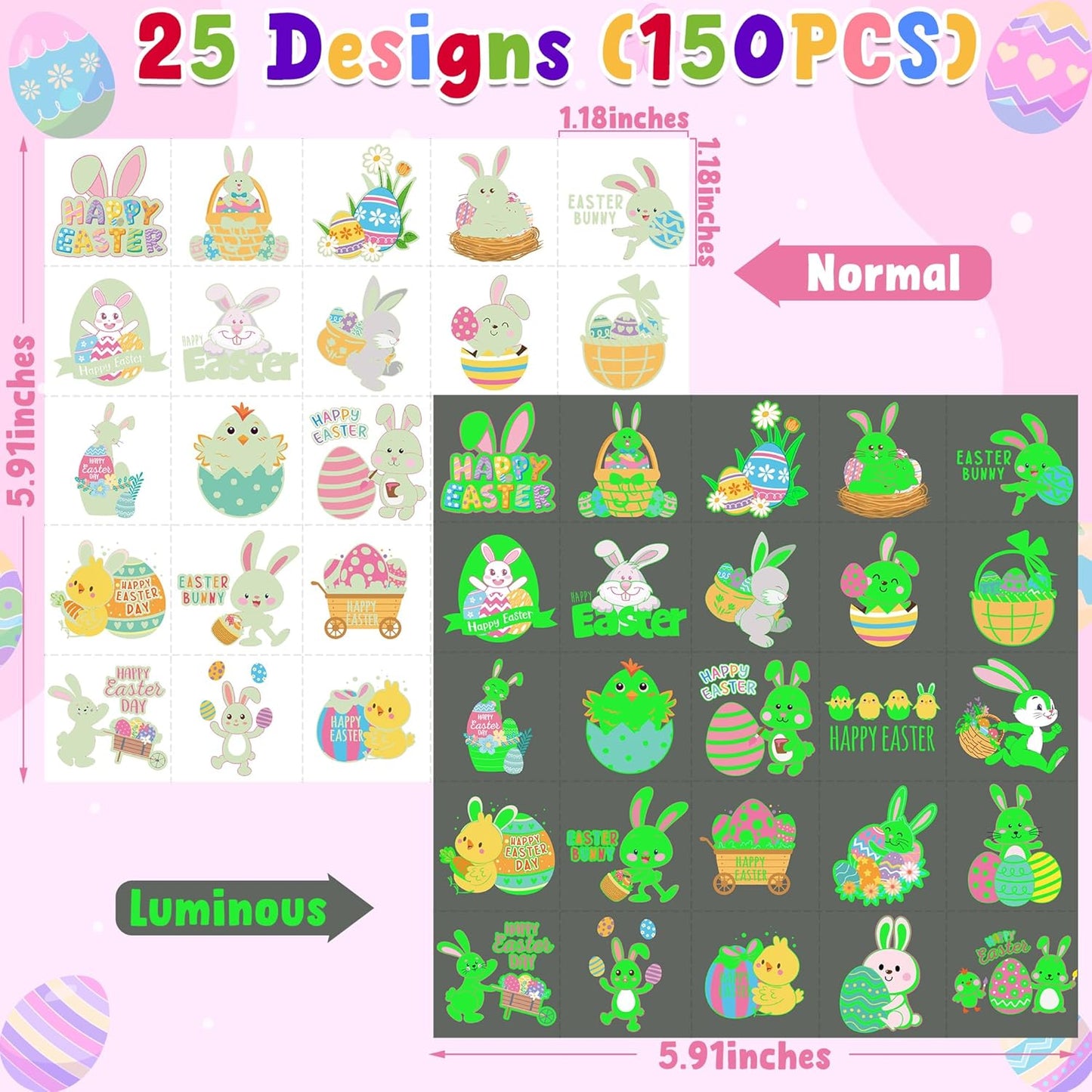 150 PCS Luminous Easter Tattoos for Kids, 25 Styles Glow Easter Stickers for Easter Basket Stuffers, Waterproof Easter Temporary Tattoos with Bunny Egg Chick for Easter Basket Filler Party Favors