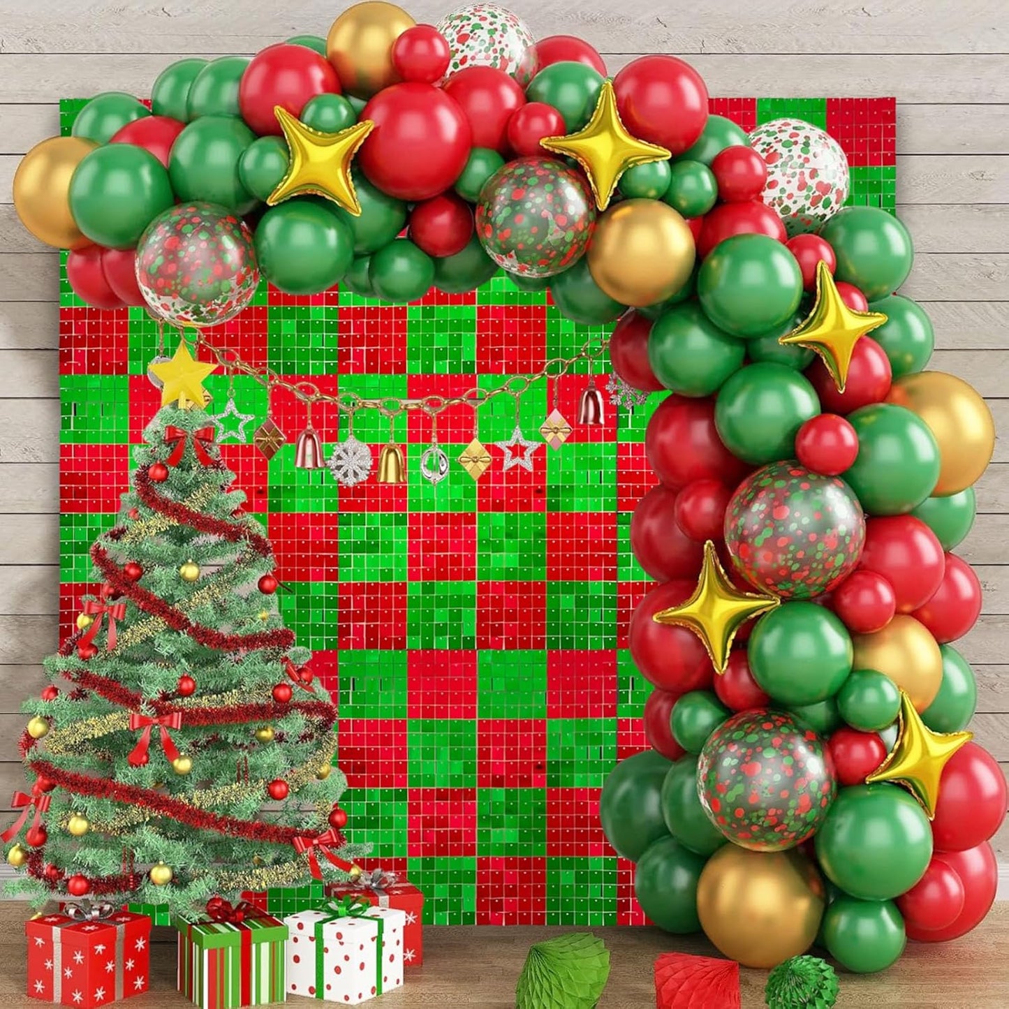 24PCS Red Green Shimmer Wall Backdrop, Xmas Square Sequin Photo Backdrops Panel, Glitter Wall Background for Birthdays, Weddings, Christmas, Engagements, Disco Bachelorette Party Decor (4FTx6FT)