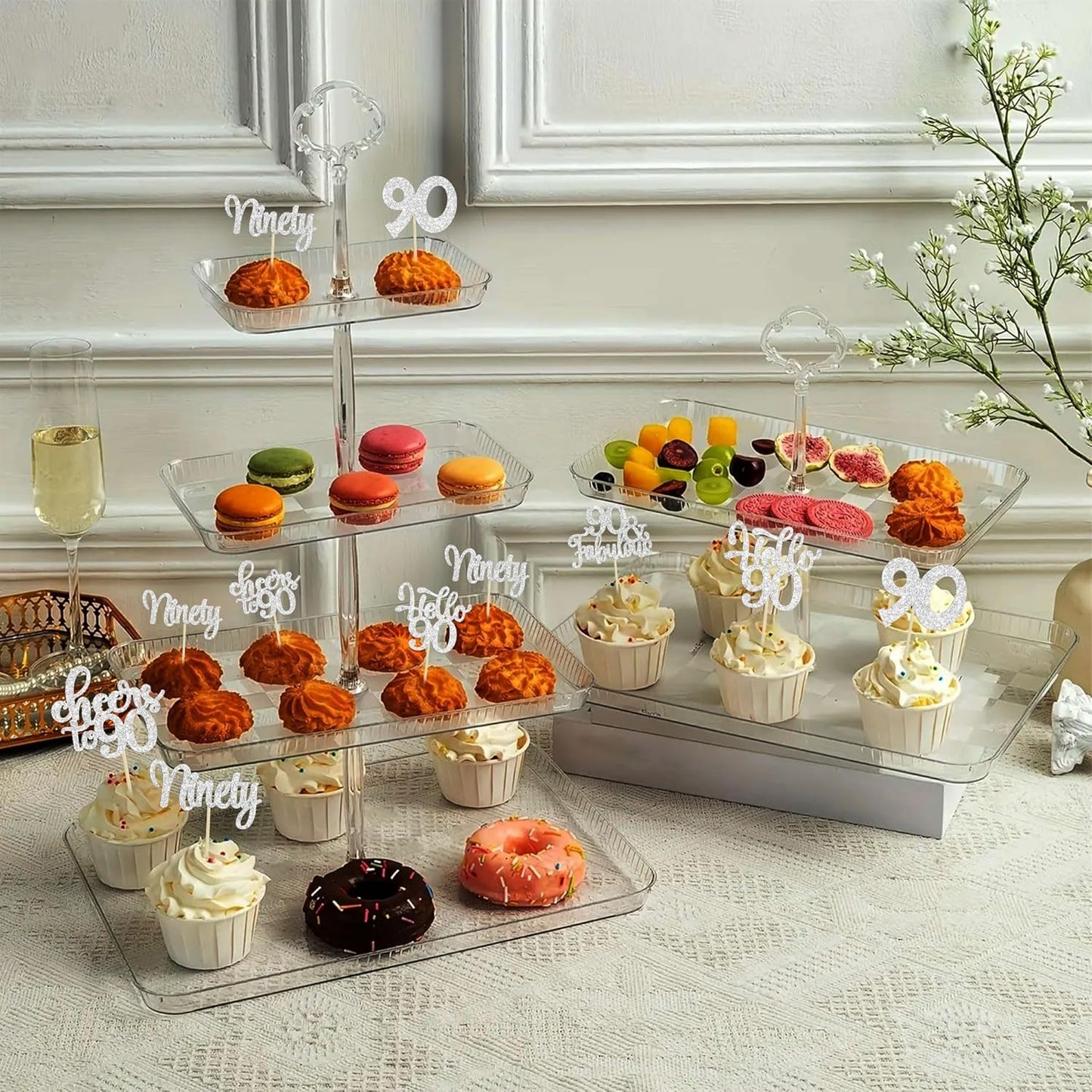 30pcs Happy 90th Birthday Cupcake Toppers - Silver Glitter Ninety Cheers to 90 Years Old Cupcake Picks for Anniversary Party Cake Decorations