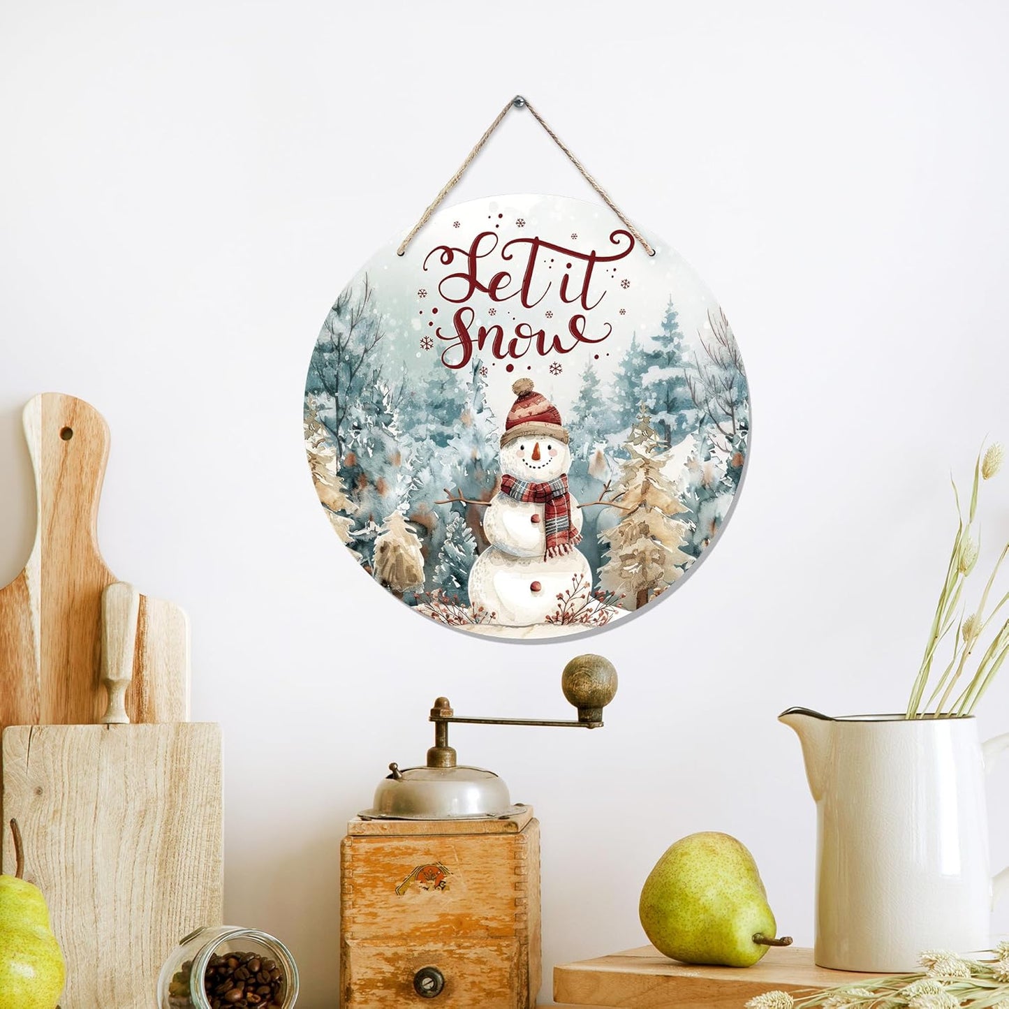 CGBHW Winter Snowman Wooden Sign, Christmas Xmas Pine Tree Landspace Hanging Sign Wall Decor for Farmhouse Home, Holiday Snowy Let it Snow Rustic Door Decor 12 x 6 Inch