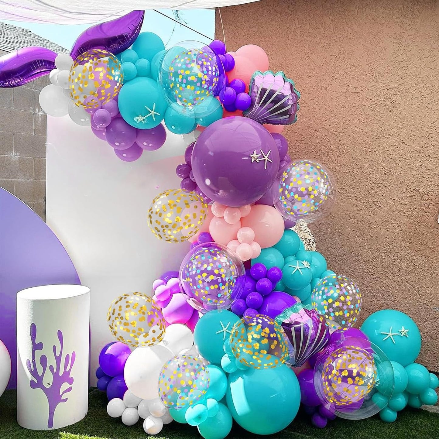 Mermaid Balloons, Pink Purple Blue Balloons, 12Inch Teal Blue Purple Pink White Party Balloon with Metallic Gold Confetti Latex Balloon for Girls Birthday Mermaid Themed Party Decorations