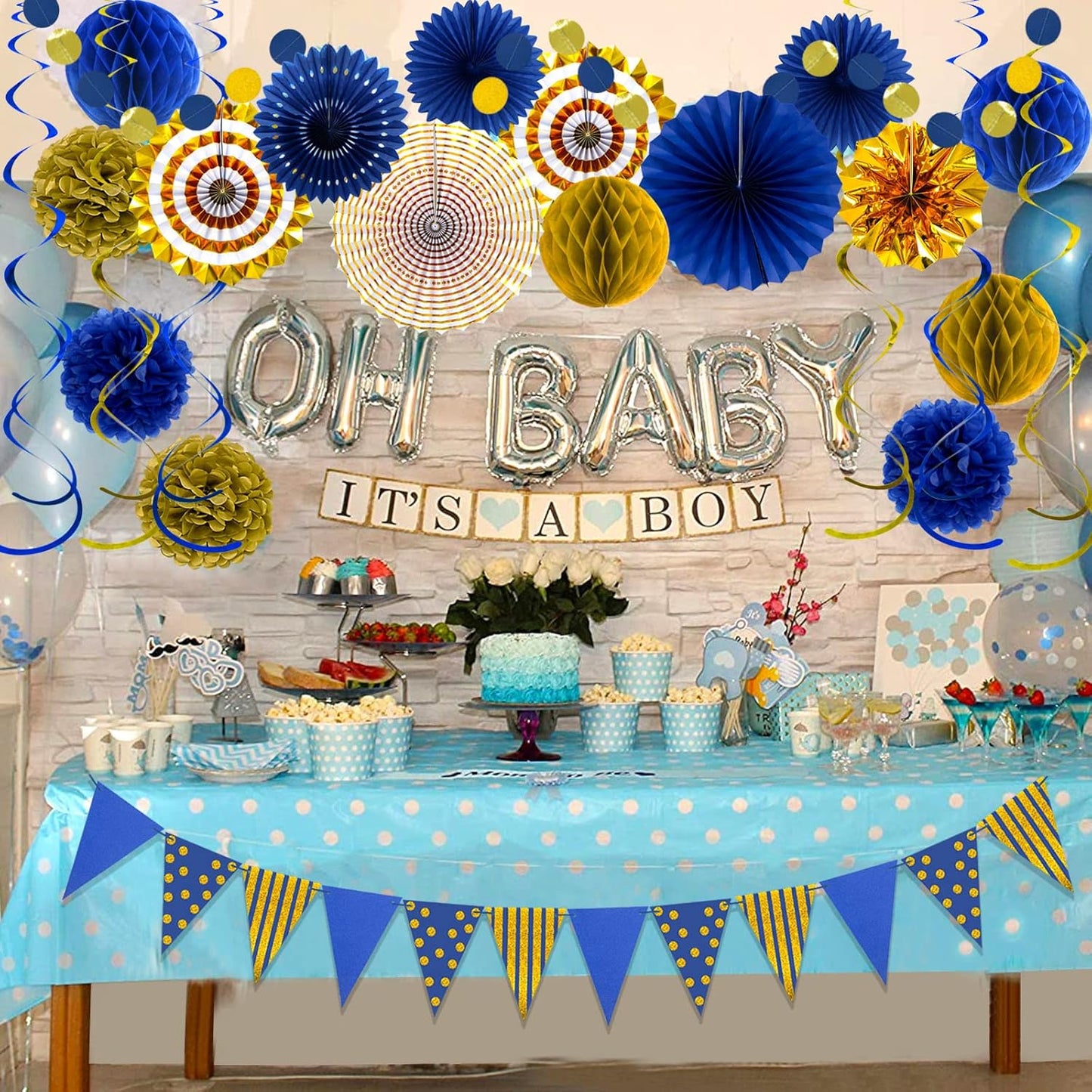 Blue Gold Party Decorations Paper Fans, Graduation Season Hanging Glitter Triangle Flags Banner Hanging Paper Fan Happy Birthday Banners and Triangular Flag, Bridal Shower,Blue Themed Birthday