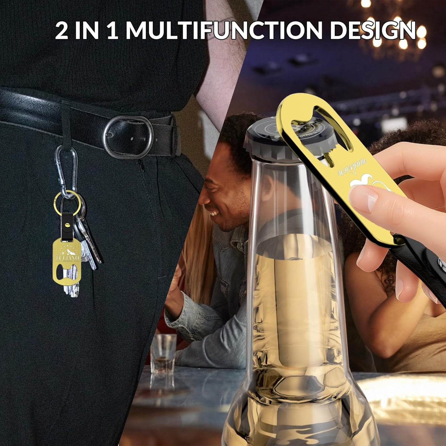 2 in 1 Personalized Bottle Openers Keychains Bulk,Pack 5-100 Flat Metal Custom Keychain with Your Text/Logo/QR Code, Unique Multitools for Wedding Party Favor, Bar, Promotion, Gift (Gold)