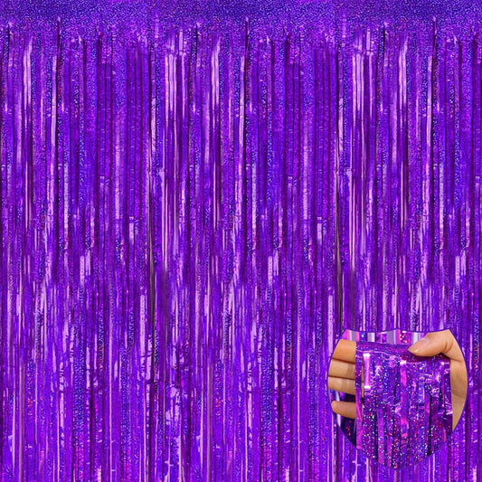 4 Pack Purple Tinsel Foil Fringe Curtain Backdrop, 3.28Ft x 8.2Ft Metallic Streamers for Photo Booth Props Wedding Bridal Shower Bachelorette Birthday New Years Christmas Party Decoration