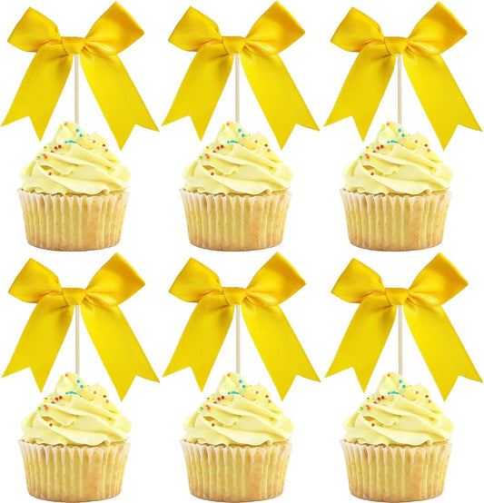 Gyufise 24Pcs Bow Cupcake Toppers Coquette Bow Girls Birthday Cake Decorations Bowknot Cake Toppers Bowknot Cupcake Picks for Baby Shower Birthday Wedding Bridal Engagement Party Supplies Yellow