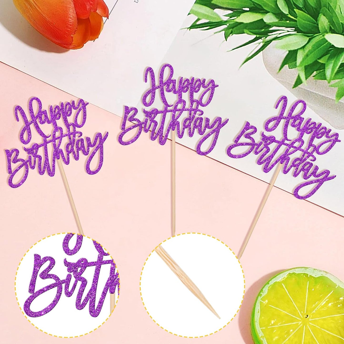 24 PCS Glitter Happy Birthday Cupcake Toppers - Purple Cupcake Picks for Celebrating Anniversary Theme Party Cake Decorations
