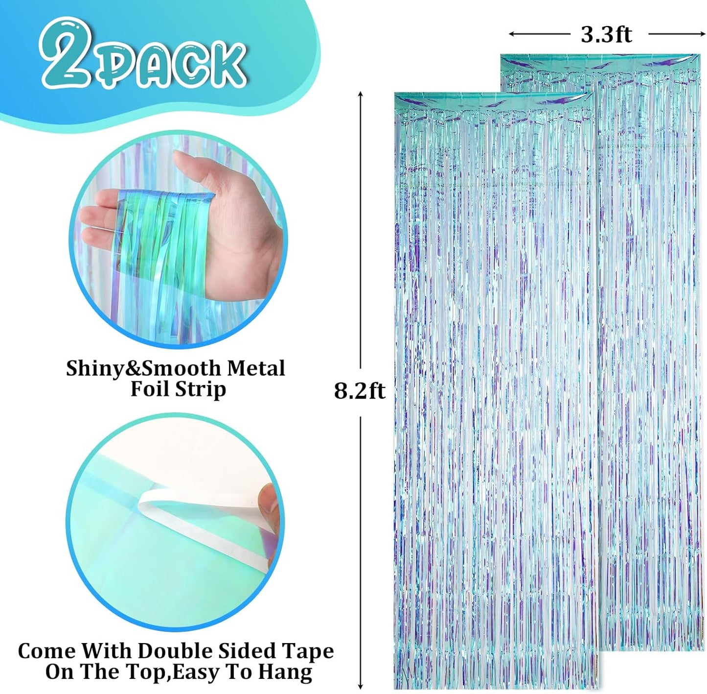 2 Pack 3.3x8.2 Feet Neon Iridescent Foil Fringe Backdrop Curtains, Tinsel Streamers Birthday Party Decorations, Fringe Backdrop for Graduation, Baby Shower, Gender Reveal, Disco Party