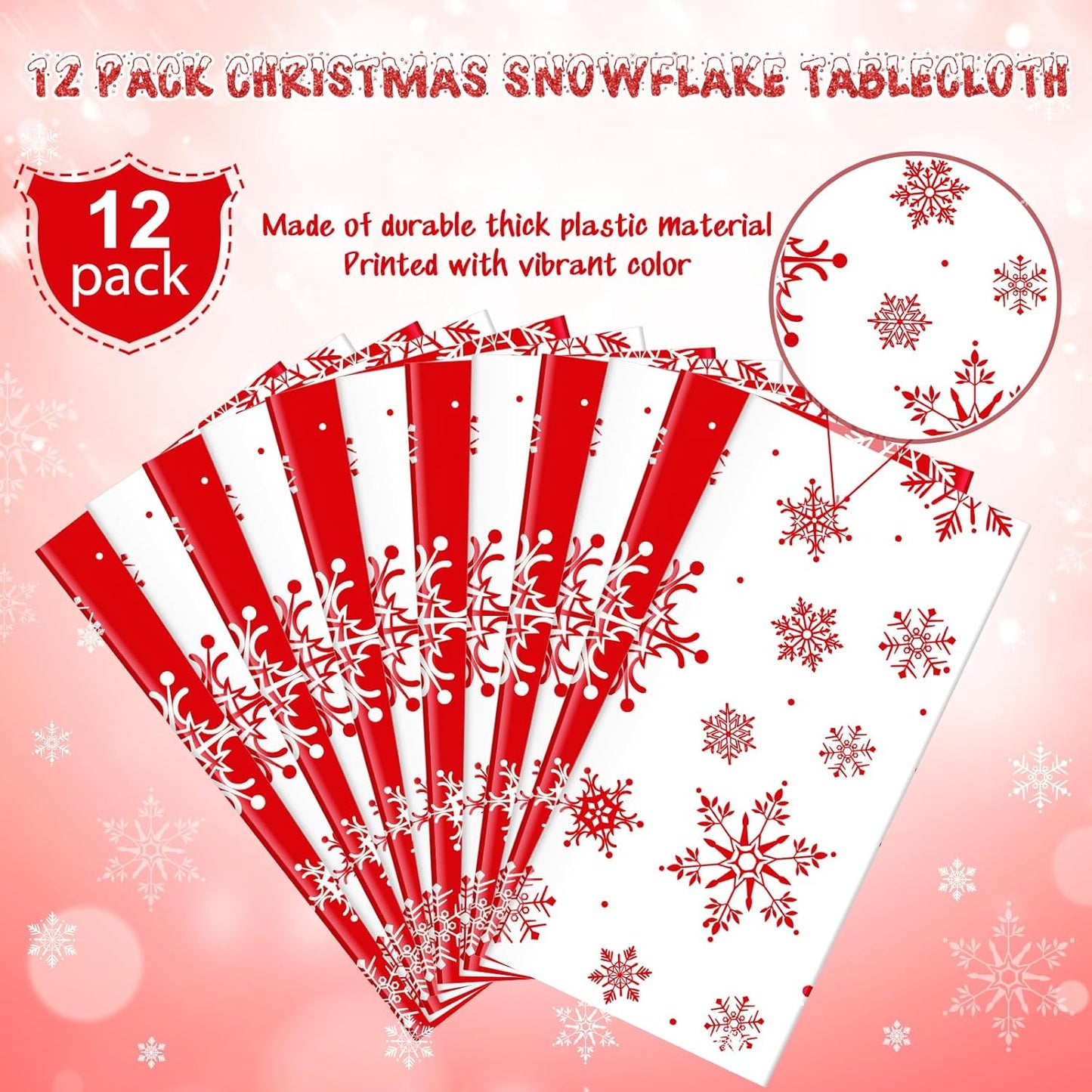 Jectivs 12 Pieces Christmas Snowflake Plastic Party Tablecloth Decorations,84 inch Disposable White Red Round Snowflake Xmas Table Cover Backdrop for Winter Christmas Holiday New Year Party Supplies