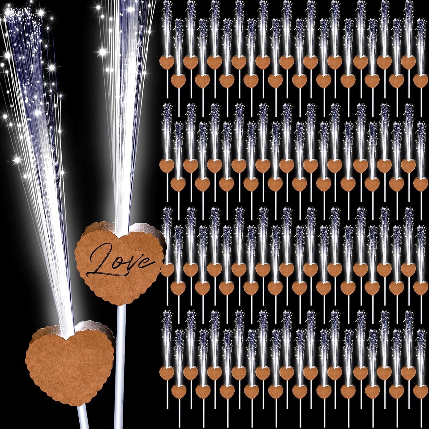 100 Pcs Wedding Sparklers Heart Shaped LED Glow Sticks Fiber Optic Wands Light up Wand with 3 Light Mode for Wedding Bridal Shower Birthday Glow in the Dark Party Supplies (Brown)