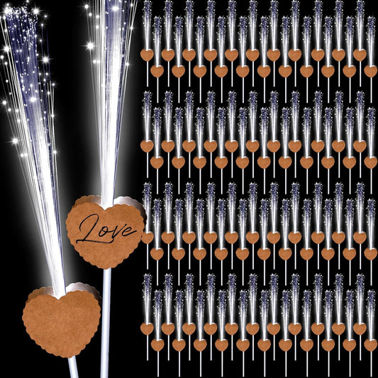 100 Pcs Wedding Sparklers Heart Shaped LED Glow Sticks Fiber Optic Wands Light up Wand with 3 Light Mode for Wedding Bridal Shower Birthday Glow in the Dark Party Supplies (Brown)
