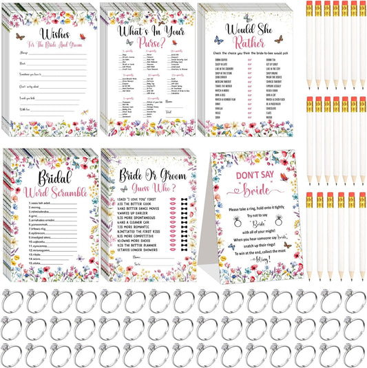 Estune 331 Pcs Bridal Shower Games Supplies, 5 Sets 250 Pcs Wedding Cards 1 Put a Ring on It Bridal Shower Games with 60 Rings and 20 Pencils(Wildflower Style)