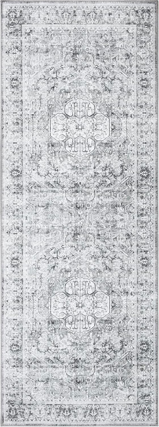 Bloom Rugs Washable Non-Slip 7 ft Runner - Gray/Charcoal Traditional Medallion Runner for Entryway, Hallway, Bathroom, and Kitchen - Exact Size: 2.5' x 7'