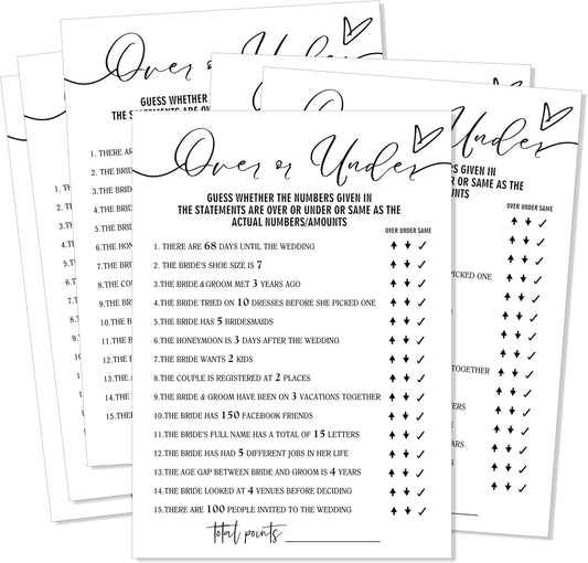 Fun Bridal Shower Games Set 25 Wedding Games Cards, Wedding Game for Reception 25 Guest Cards (5 × 7 Inch), Minimalist White Newlywed Party Supplies - A13