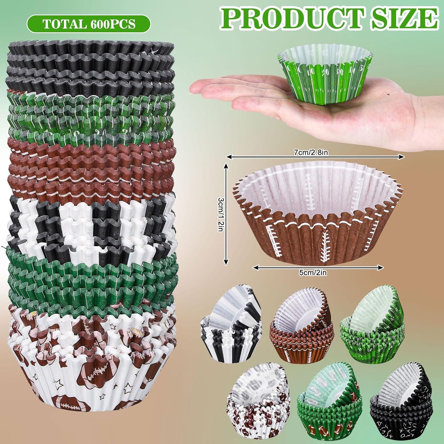 Whaline 600Pcs Football Cupcake Liners 6 Styles Rugby Cupcake Wrappers Baking Cups Holders Sports Theme Muffin Baking Liners for Birthday Party Holiday Party Post-match Celebration