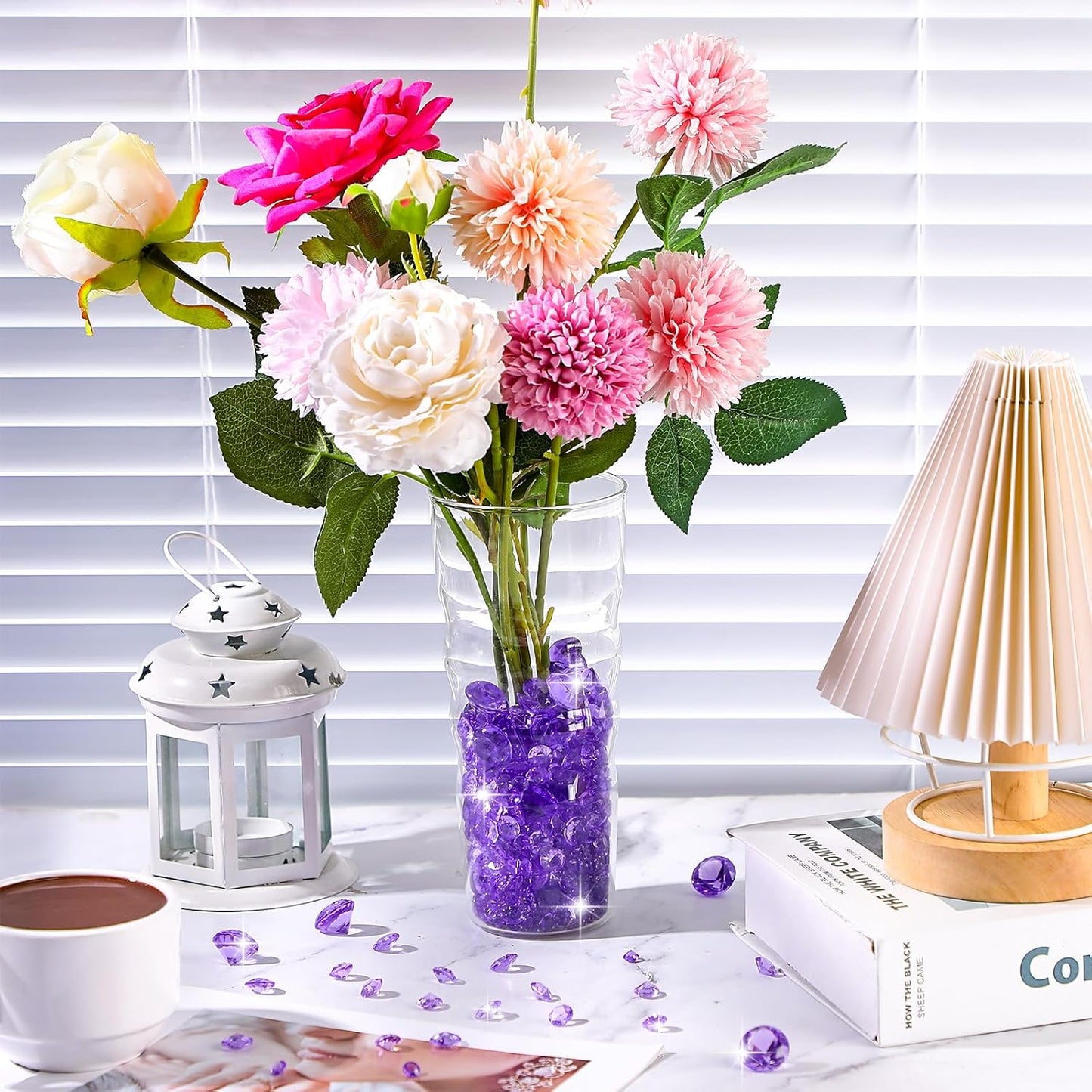 Hicarer 800 Pieces Diamond Decorations Acrylic Diamond Table Scatter Crystals for Table for Vase Fillers Party Decorations(20,12, 10, 6, 3mm,Purple)