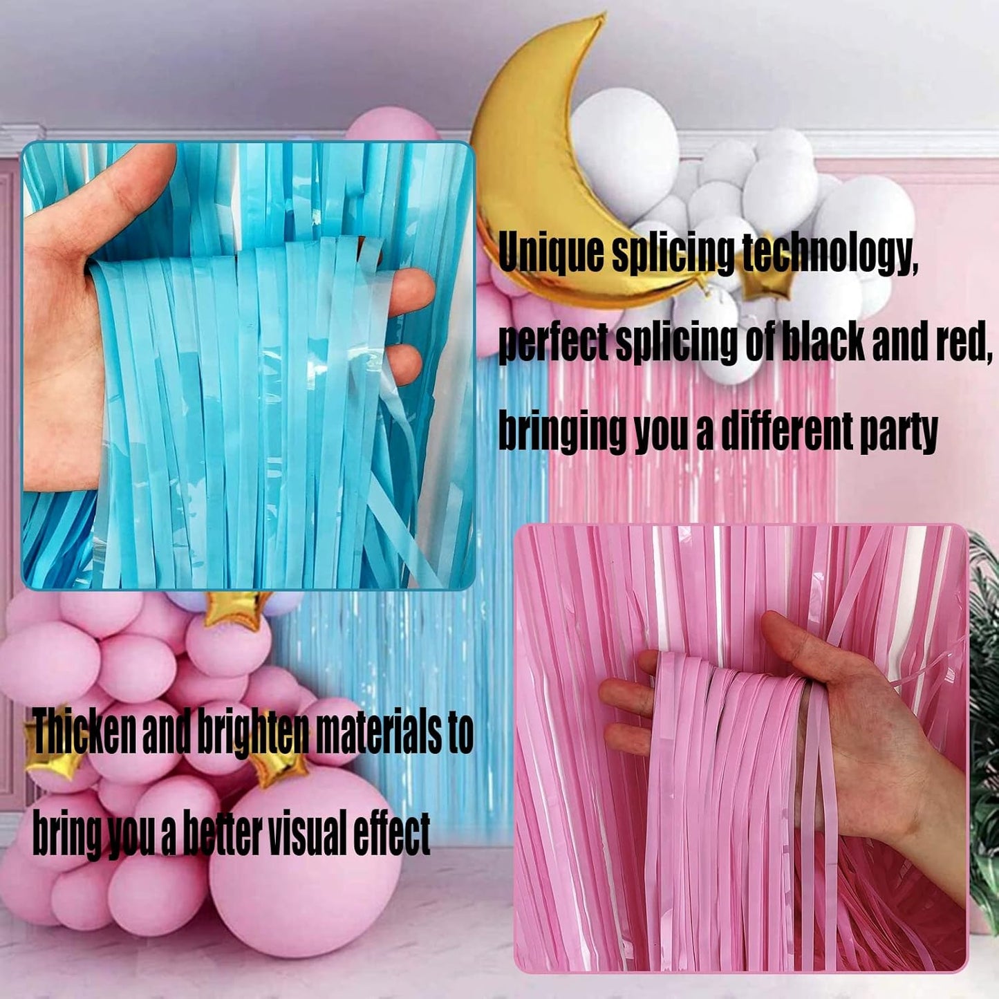 4 Pack Macaron Pink Blue Foil Fringe Curtain Backdrop, 3.28Ft x 9.8Ft Metallic Tinsel Foil Fringe Streamers for Photo Booth, Wedding Gender Reveal Backdrop Boy or Girl Birthday Party Decoration