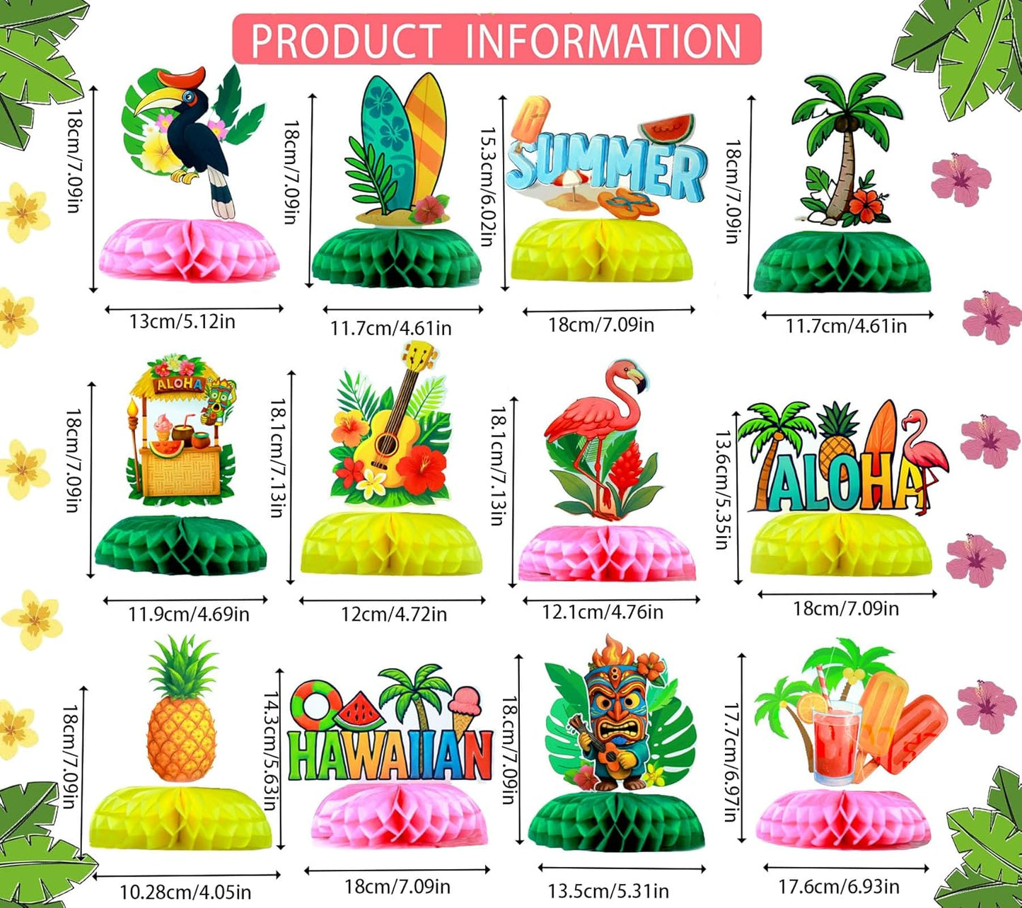 12Pcs Summer Honeycomb Hawaii Table Centerpieces Luau Aloha Table Toppers Tiki Honeycomb Centerpieces Tropical Flamingo Table Decorations for Beach Pool Luau Birthday Wedding Party