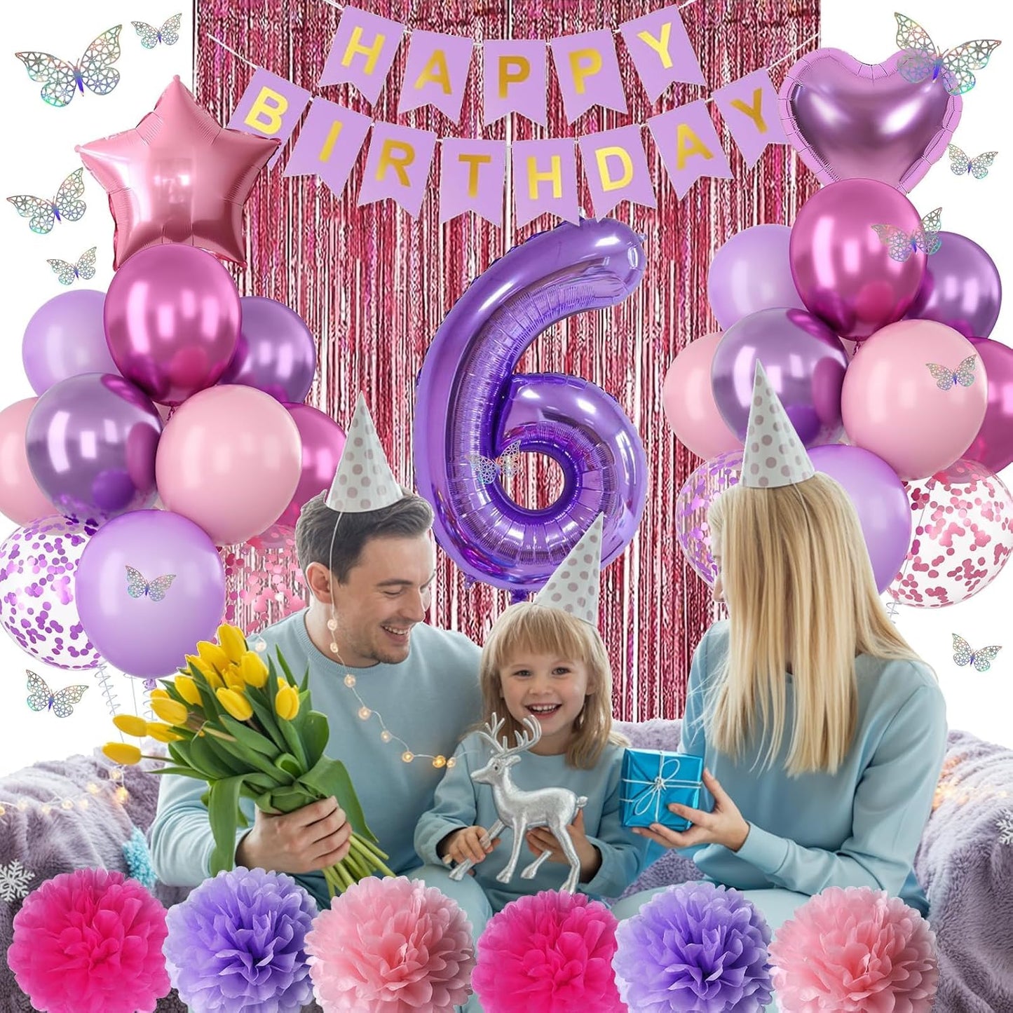 Pink Purple 6th Birthday Party Decorations for Girls Number 6 Balloon Happy Birthday Banner Butterfly Stickers Fringe Curtain Paper Pom Poms Metallic Hot Pink Star Foil Balloons 6 Year Old Princess