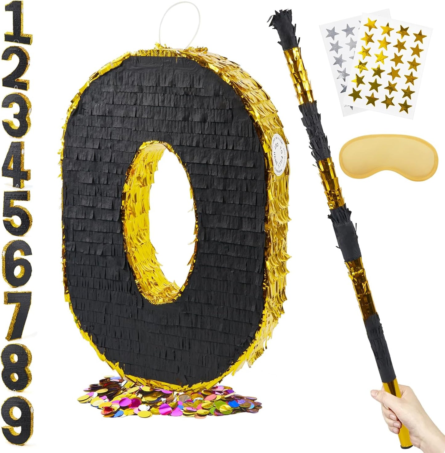 PCFING 20 Inch Number 0 Piñata Gold Black with 30 Inch Piñata Stick Blindfold Confetti for Man Women Boys Girls Birthday Party Decorations, Anniversary Celebration, Fiesta