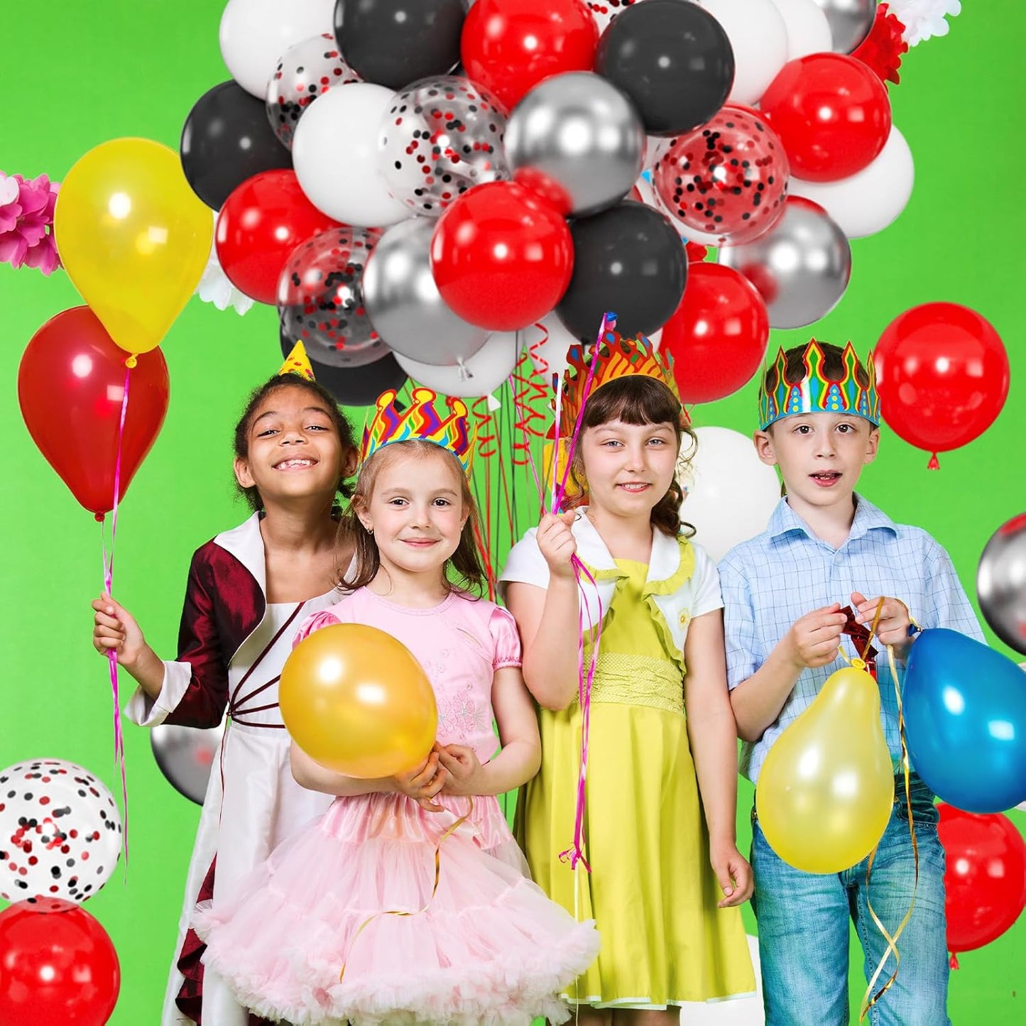 100pcs Red Black White Balloons Kit - 12 Inch Metallic Silver Confetti Latex Balloons for Christmas, Spider-Man Birthday, Masquerade Ball, Graduation, Halloween (66ft Ribbons)