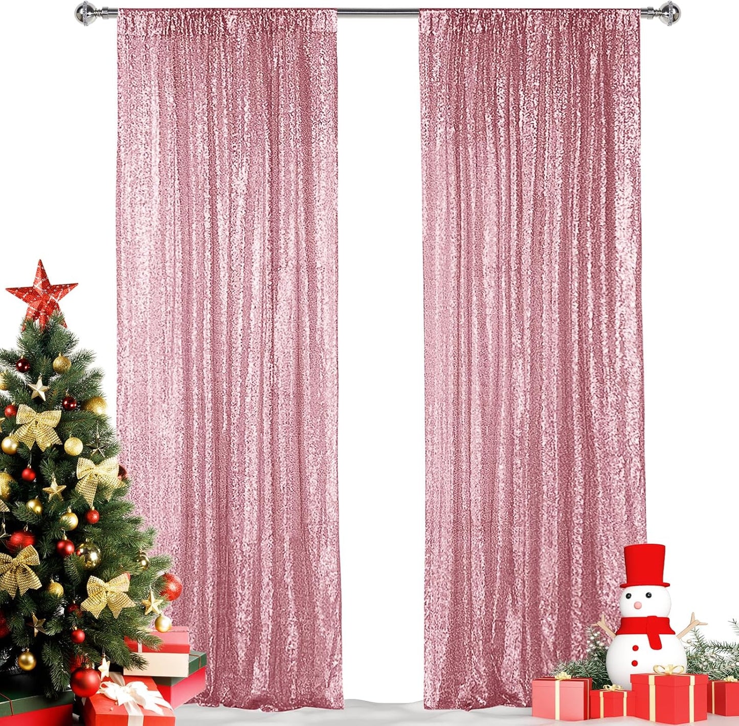 Hahuho Rose Pink Sequin Backdrop Curtain, 2PCS 2FTx8FT Glitter Backdrop Curtain for Parties, Christmas, Wedding, Banquet Decoration（2 Panels, 2FT x 8FT, Rose Pink）