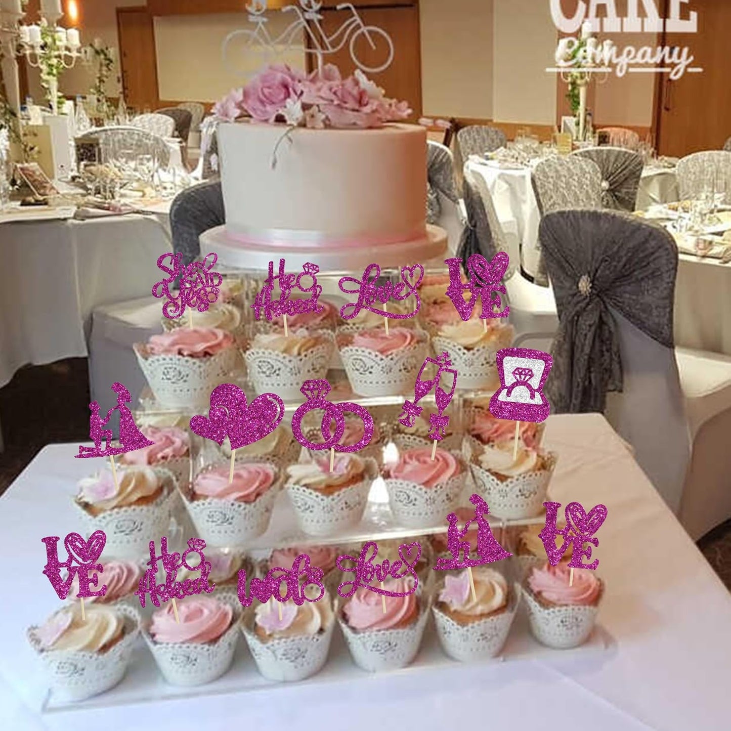 Ephlyn 30Pcs He Asked She Said Yes Cupcake Toppers Glitter Engagement Cupcake Toppers Diamond Ring Heart Love I Do Cupcake Picks for Engagement Wedding Party Cake Decorations Purple
