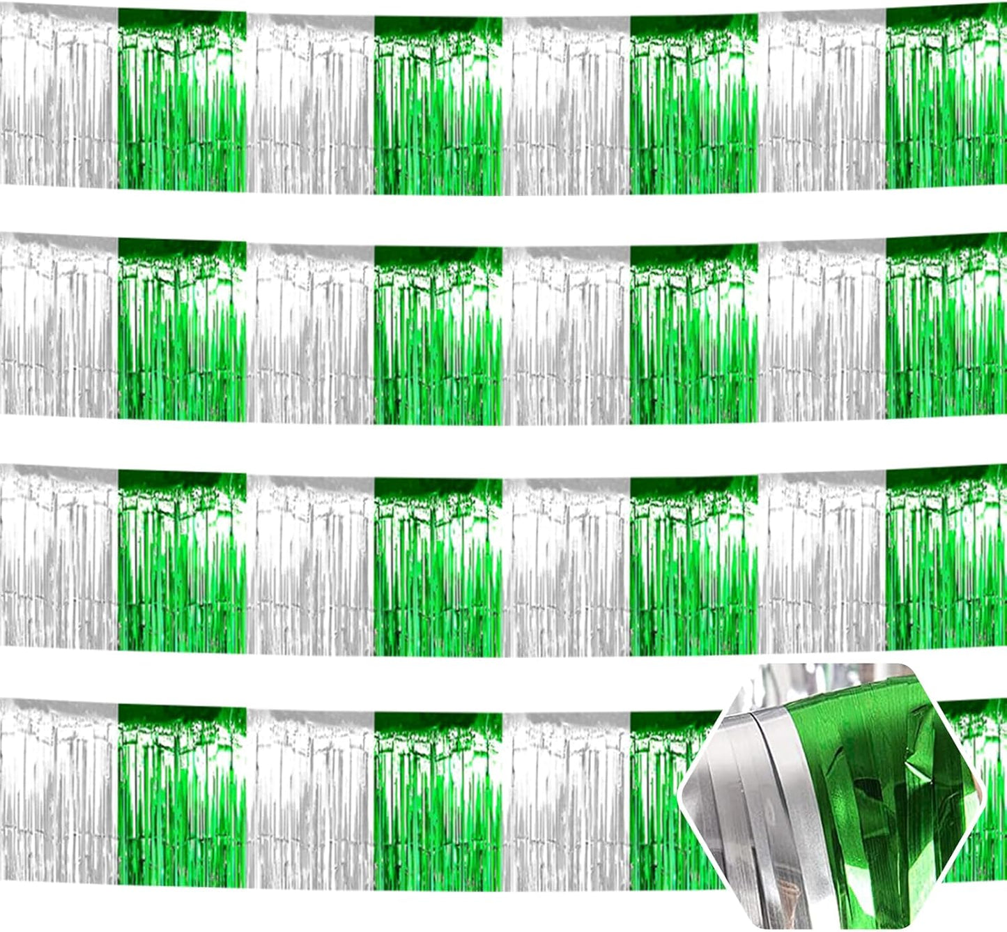4 Pack 10 Feet Silver Green Foil Fringe Garland Metallic Tinsel Streamers Banner Wall Hanging Curtain Backdrop for Parade Floats, Wedding, Graduate, Mother's Day, Birthday Party Decoration
