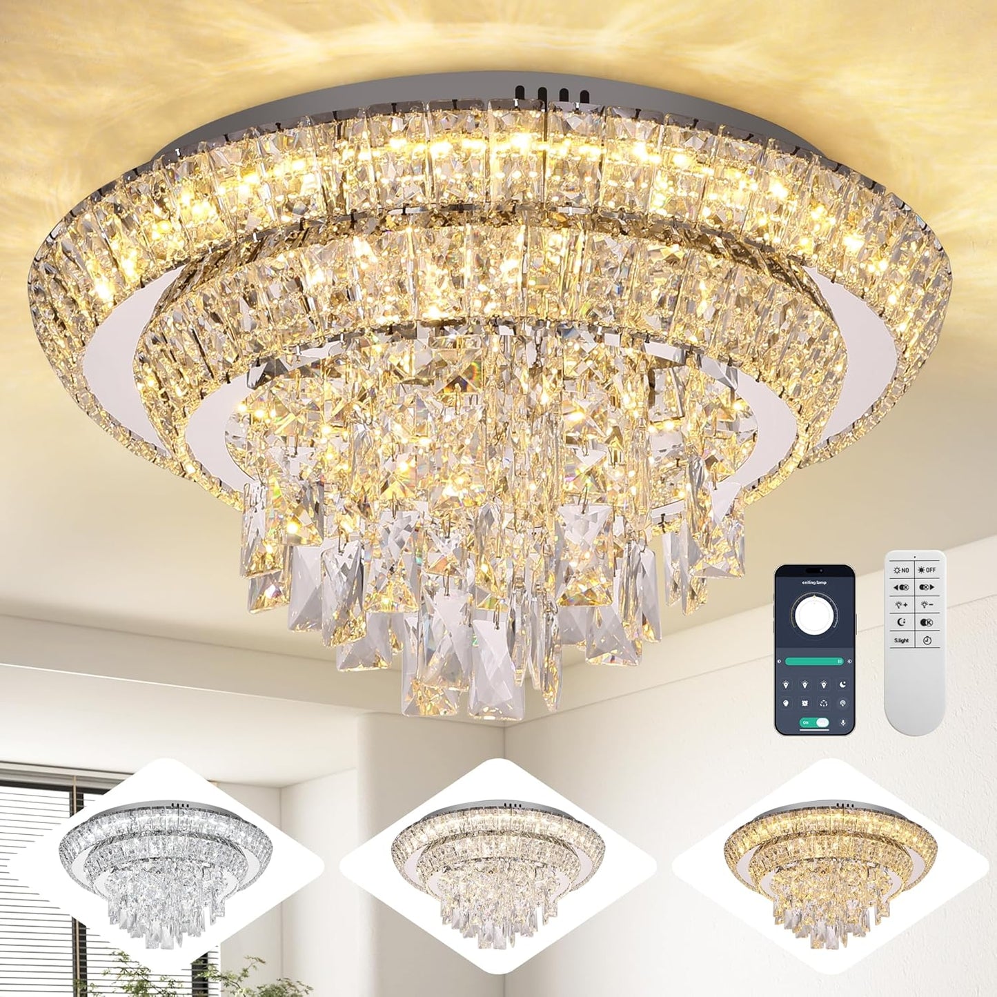 18 inch Crystal Silver Ceiling-Light Flush Mount with Remote Control and APP, 3CCT Dimmable & Brightness Adjustable, Modern Crystal Raindrop Chandeliers for Bedroom Hallway Dinning Room Living Room