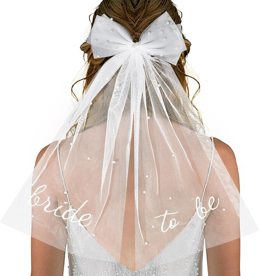 Bride to Be Bridal Veil White Pearl Bow Wedding Veil Hair Clip Tulle Bridal Short Veils for Women Girls Bachelorette Party Bridal Shower Bridesmaid Gift Engagement Party