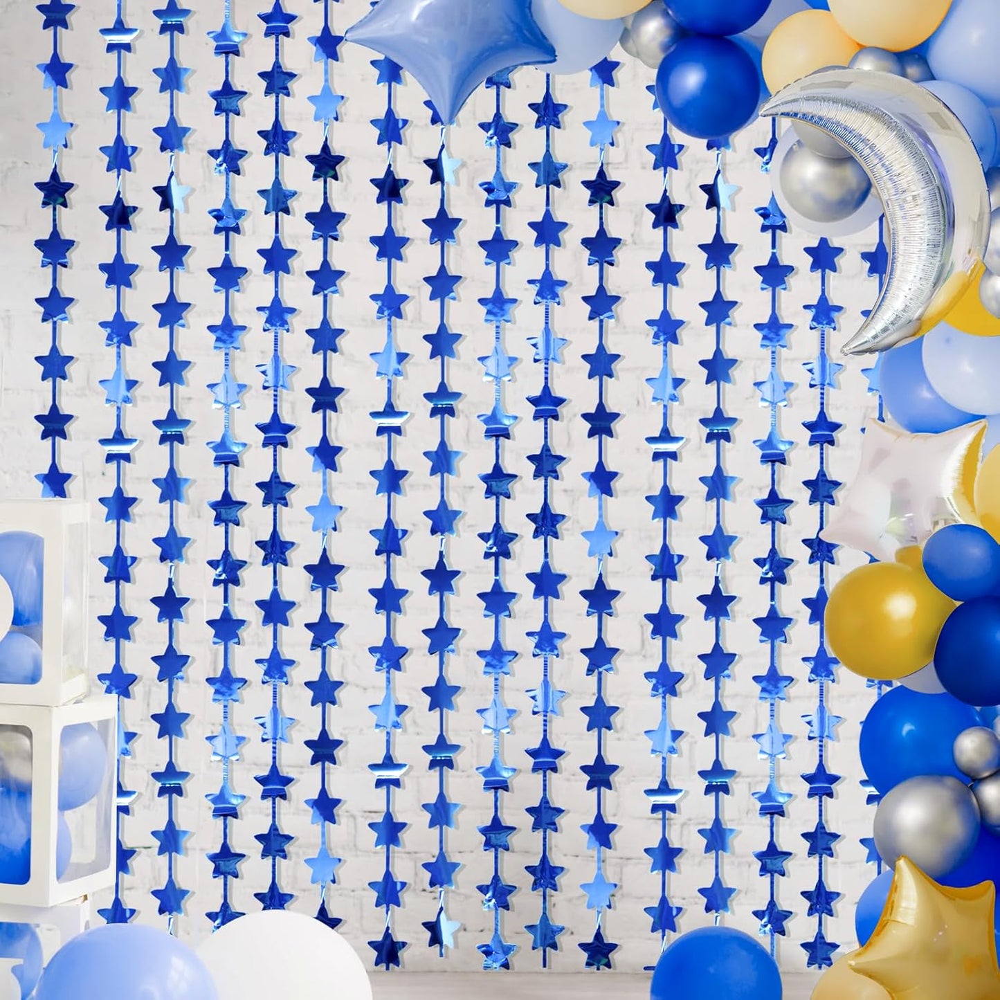 LOLStar 2Pack Blue Happy Birthday Party Decorations 3.3X6.6ft Each Navy Star Streamers Backdrop Foil Fringe Curtains,Photo Booth Props for Blue Baby Shower 18th 21st Birthday Space Party for Boys