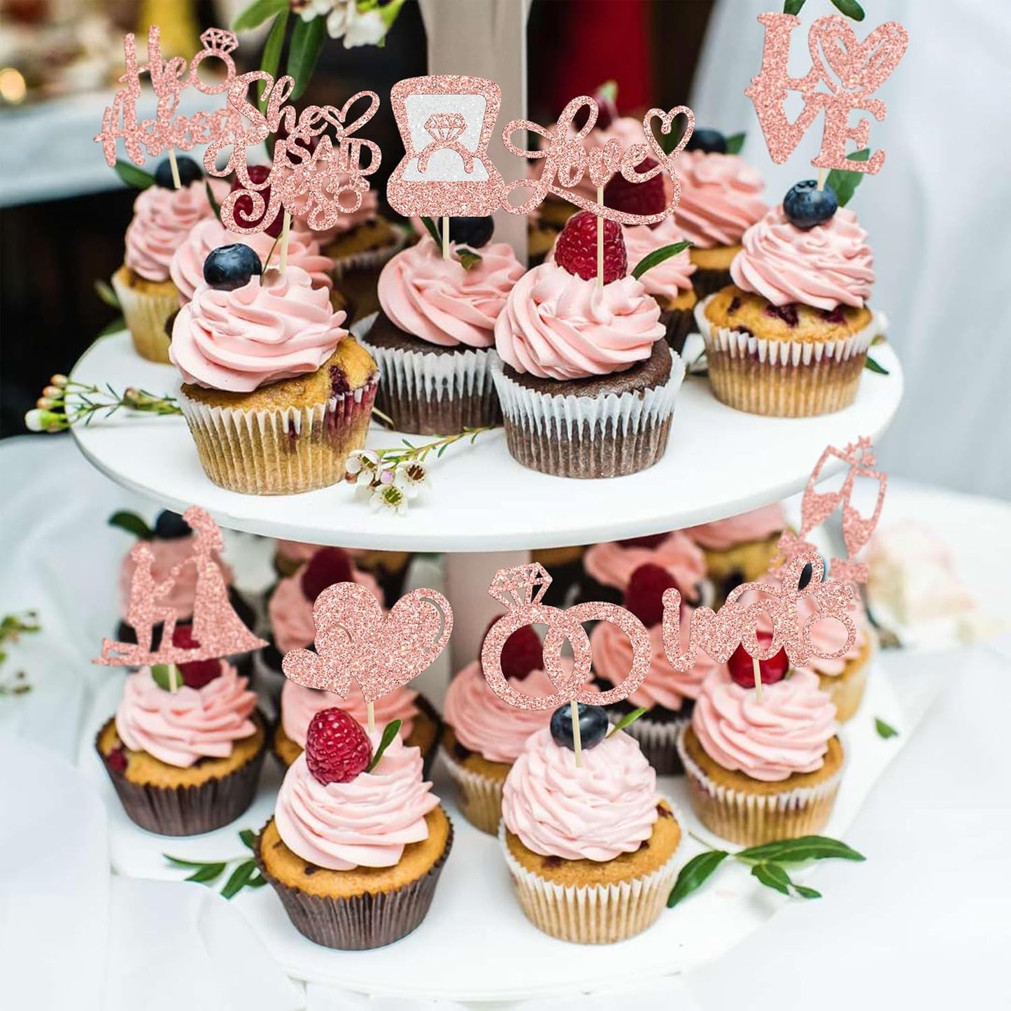 Ephlyn 30Pcs He Asked She Said Yes Cupcake Toppers Glitter Engagement Cupcake Toppers Diamond Ring Heart Love I Do Cupcake Picks for Engagement Wedding Party Cake Decorations Rose Gold