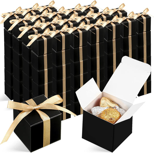 Jutom 100 Pcs Mini Favor Boxes Extra Small Candy Boxes Paper with Gold Ribbon for Christmas Thanksgiving Day Birthday Wedding Anniversary Supplies(2 x 2 x 2 Inch,Black)