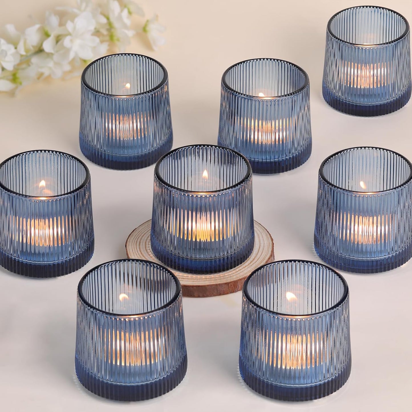 DARJEN Blue Ribbed Tealight Votive Candle Holders Set of 10- Votive Candle Holders for Table Centerpiece, Tea Light Candle Holder Glass for Wedding and Home Decor, Blue Decor and Gifts