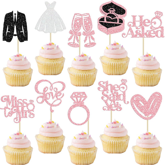 Gyufise 30Pcs She Said Yes Cupcake Toppers Glitter Diamond Ring I Do Love Cupcake Picks Miss to Mrs He Asked Bridal Shower Wedding Engagement Bachelorette Cake Decoration Pink