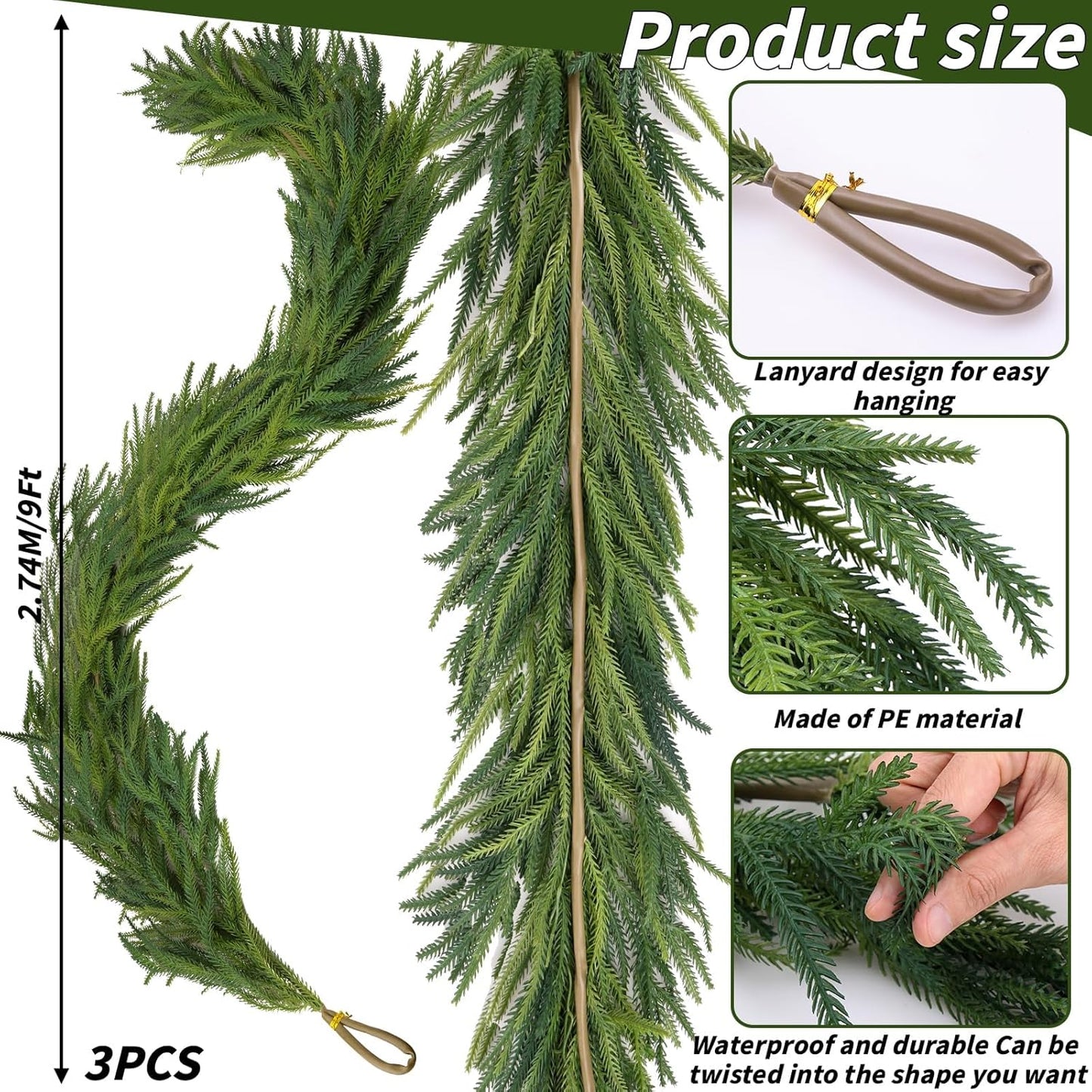 4 Pcs Artificial Norfolk Pine Garlands Christmas, 9 FT Dense Real Touch Winter Pine Garland Ornament, Green Artificial Greenery Garland for Table, Mantle, Wall, Indoor, Outdoor Christmas Decorations