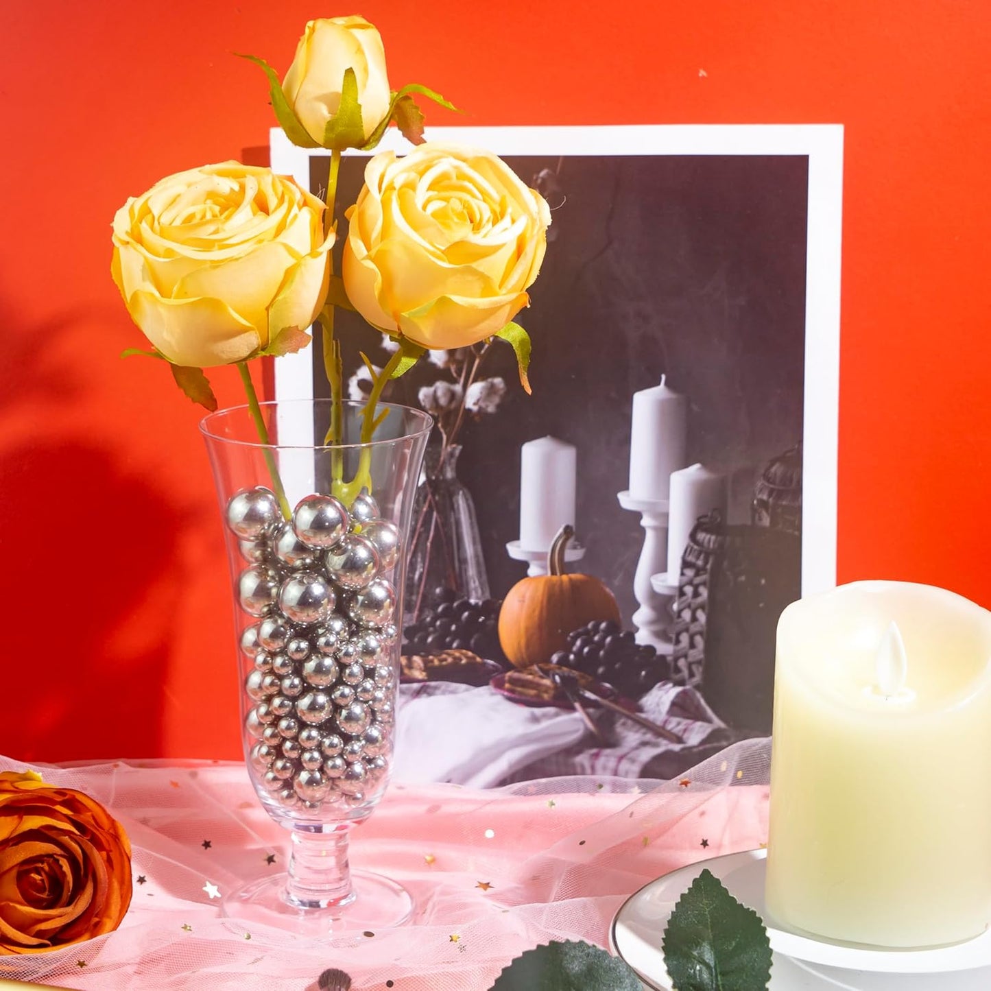 150Pcs Bright Silver Polished No Hole Faux Pearl Beads for Vase Filling Decorations, Plastic Pearls Vase Fillers, Table Scatters, Wedding Centerpiece, Home Decor, 8/14/20 mm