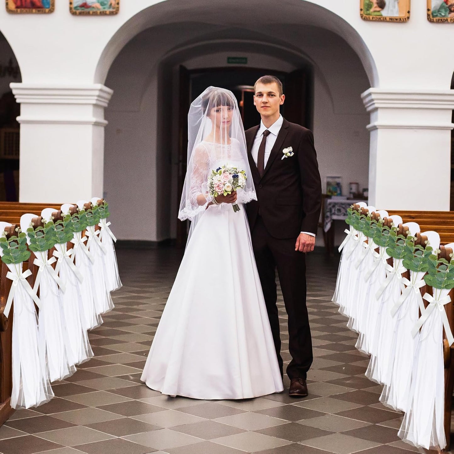 26 Sets of Wedding Aisle Decorations, White Tulle Chair Sashes with Bow Ribbons and Artificial Eucalyptus Stems for Church Pews, Wedding Ceremony Chair Decor