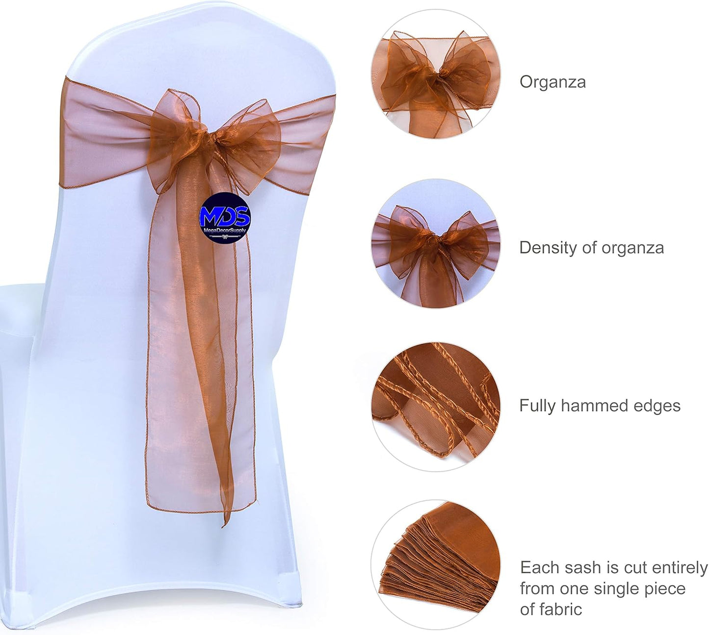 MDS Pack of 300 PCS Organza Chair Sashes Wider Dining Chair Bows Ribbon Tie Back for Wedding Party Birthday Bridal Shower Reception Event Banquet Home Chair Cover Decoration - Bronze