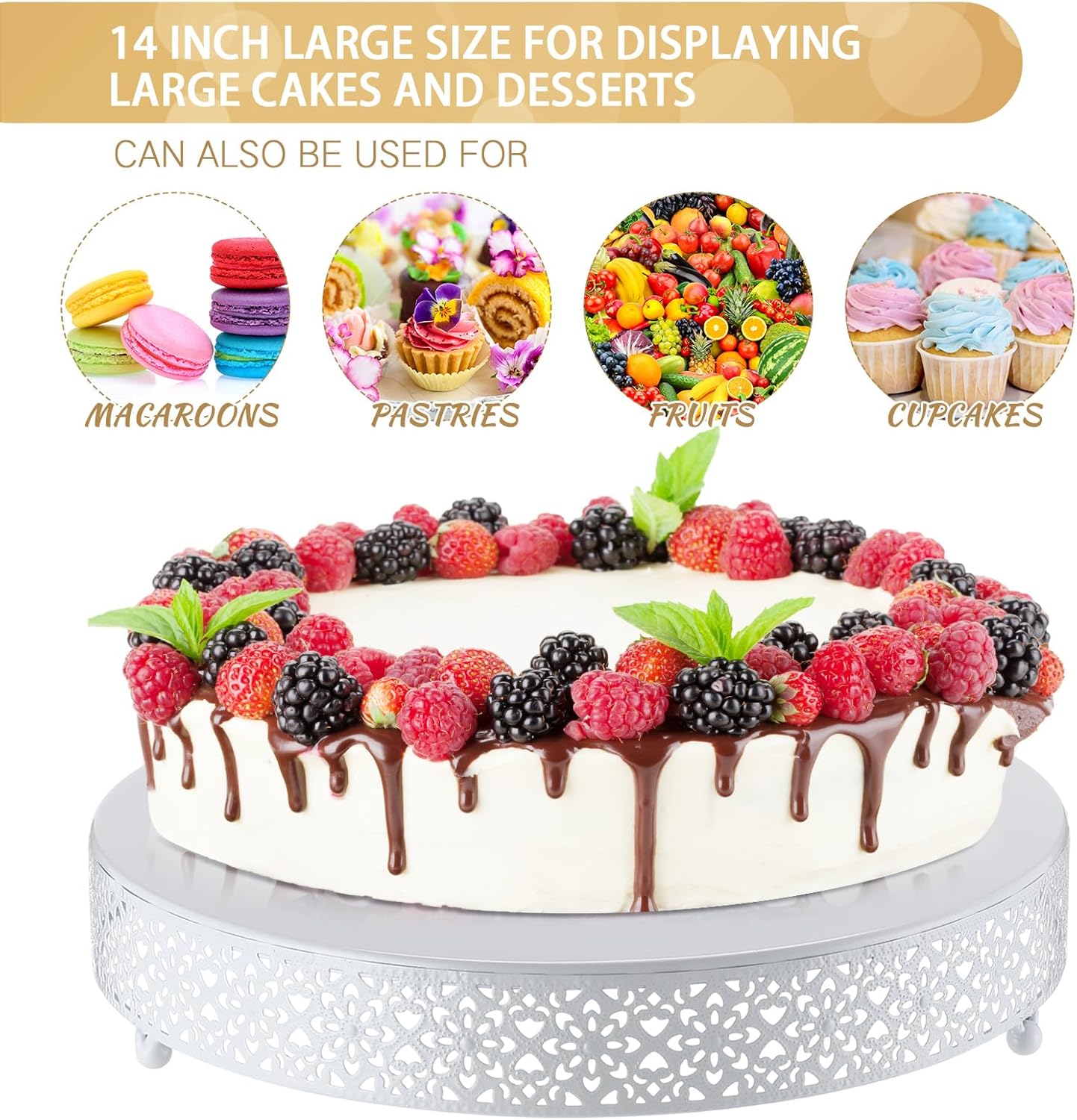 Wenqik Cake Stand 14 Inch Round Metal Cupcake Dessert Wedding Cake Stand Cookies Display Holder Fruit Serving Tray for Table Wedding Birthday Anniversary Party(White)